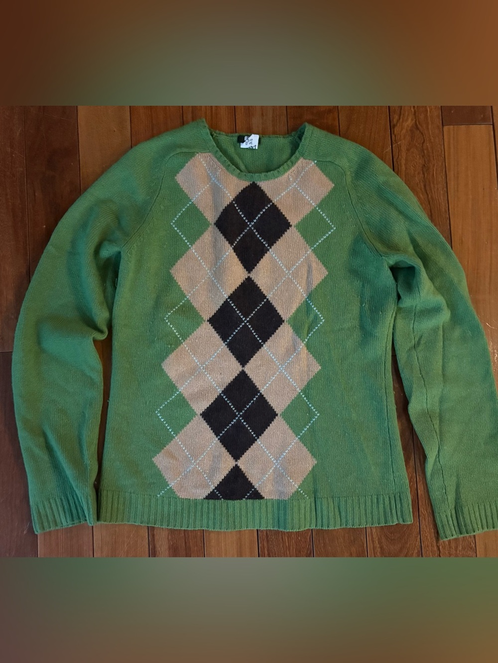 J. Crew Green Argyle Crewneck Sweater with Beige & Black Diamond Panel